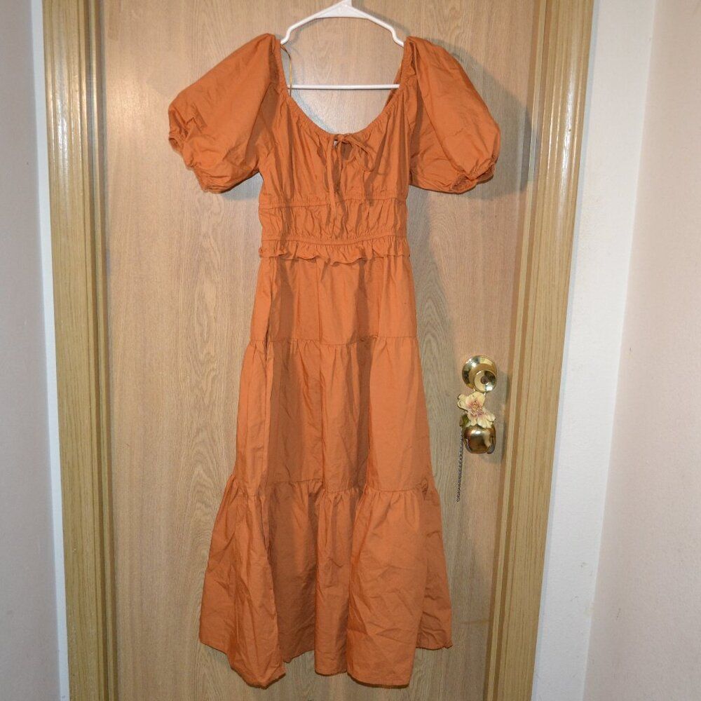 Skies Are Blue 100% Cotton Orange Puff‑Sleeve Tiered Midi Ren Faire Summer Dress - Picture 2 of 12